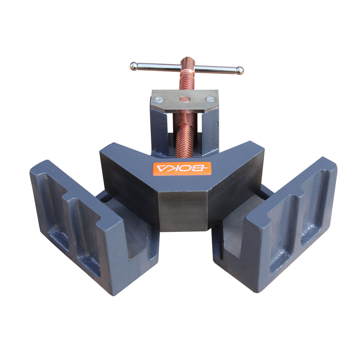 BOKA AC-60 cast iron 90-degree angle clamp, 60 mm clamping range, self-centering jaw, ergonomic handle, precise angle fixation for welding, wood & metalworking, model making, DIY